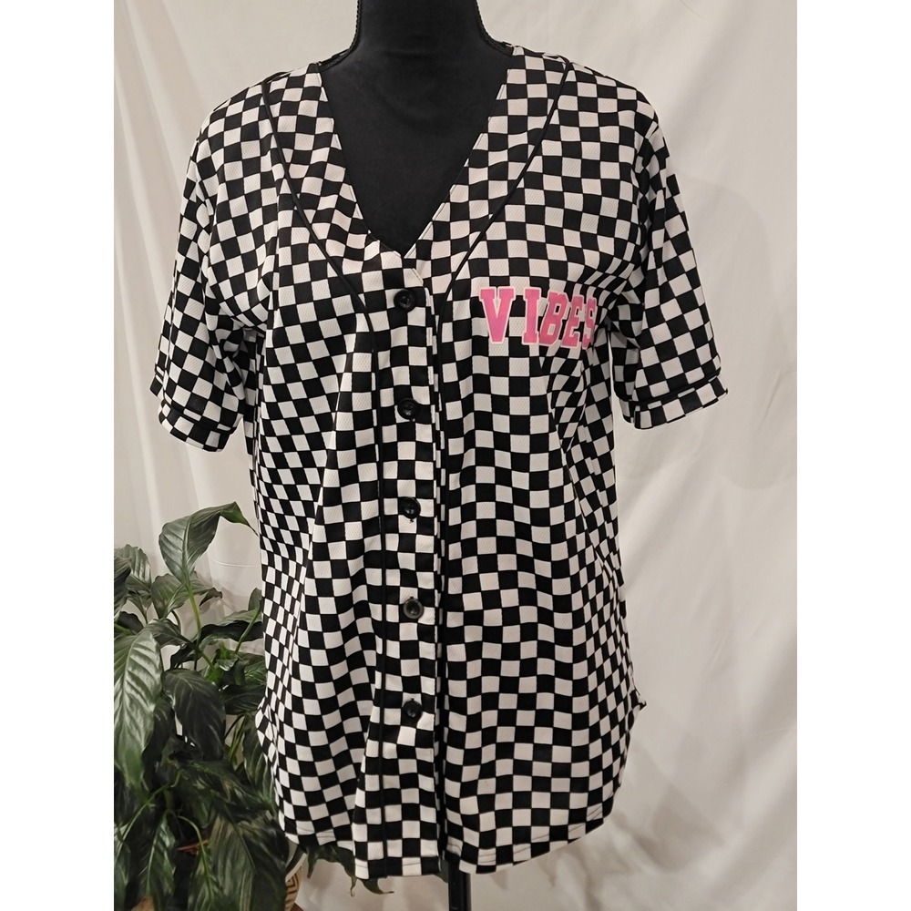 Orange Kiss Checkered Baseball Jersey Vibes Pink Graphic Black White Womens M